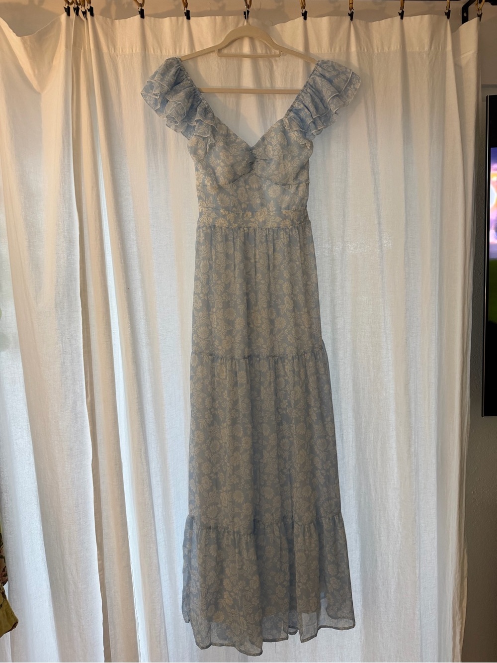 Altar'd State Powder Blue Floral Ruffle Maxi Dress